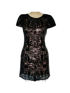 Black Sequinned Holiday Party Cocktail Dress w/Cream lining short Sleeve SZ 4